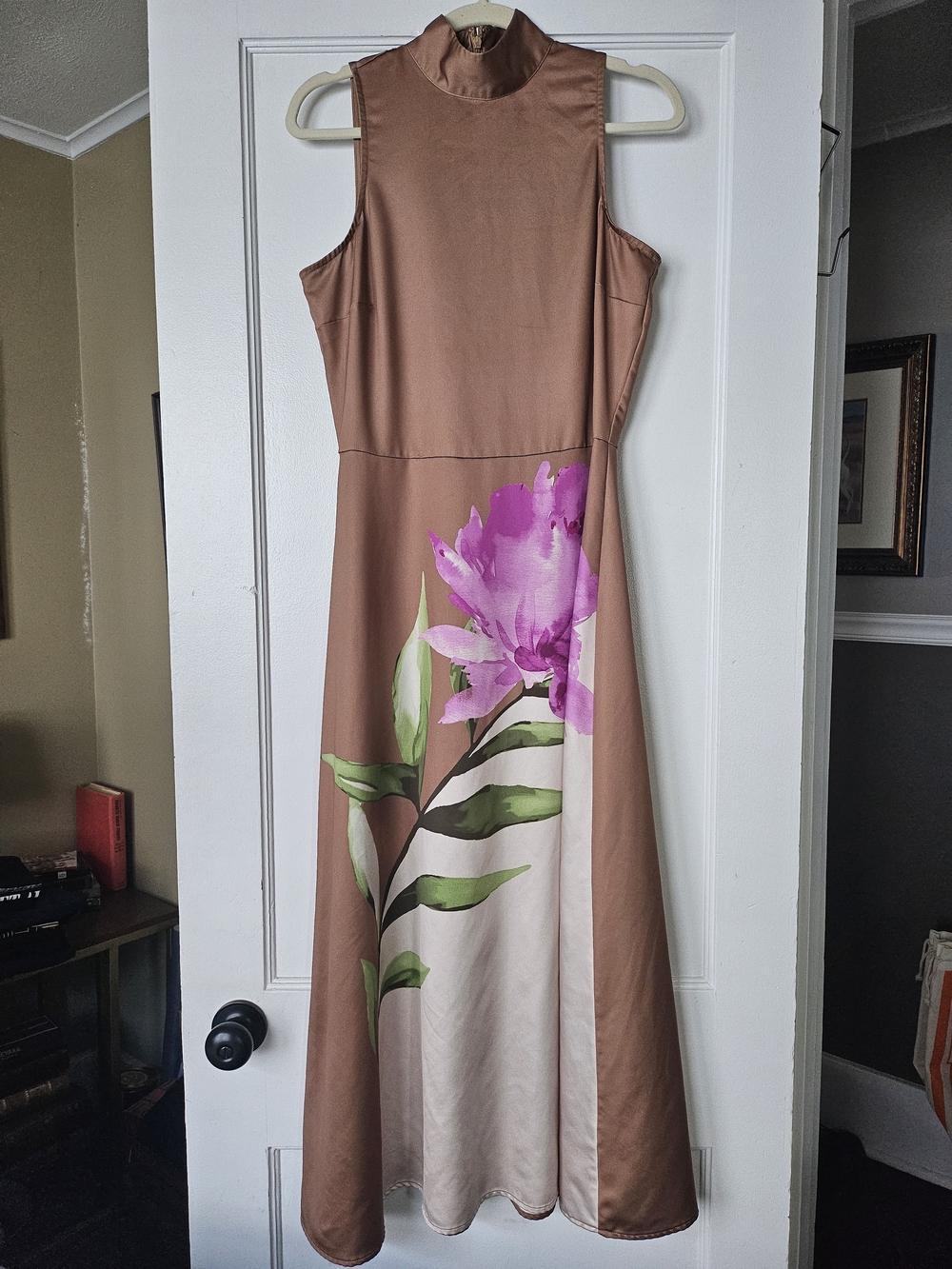 Worthington Caramel Tan Brown Sleeveless Mock-Neck Dress with Pink Floral Print